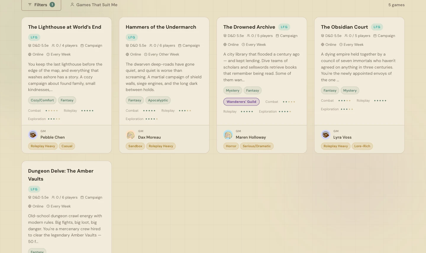 Browsing open Dungeons & Dragons games on the Role Call D&D group finder, filtered by system, schedule, and vibe