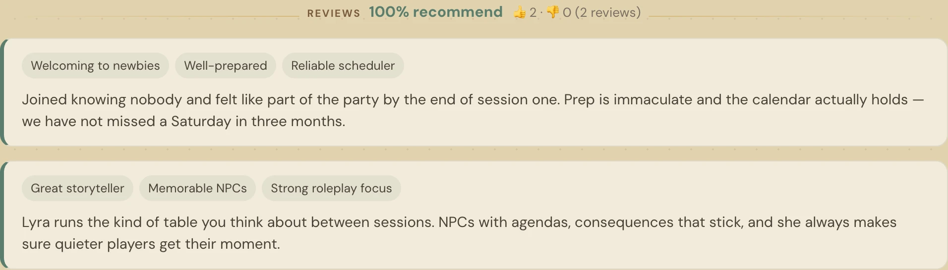 Player reviews on a Role Call GM profile — verified players recommending their Game Master