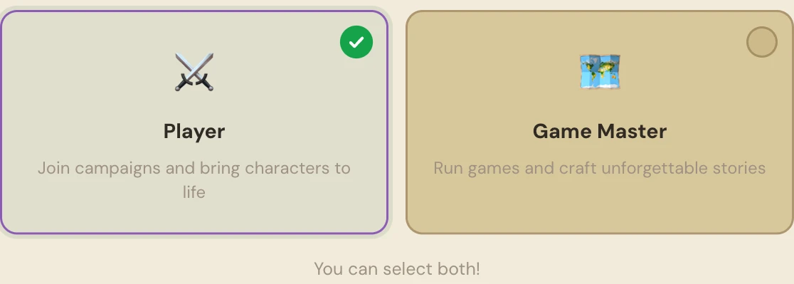 Creating a Role Call account — choosing to play as a Player, a Game Master, or both