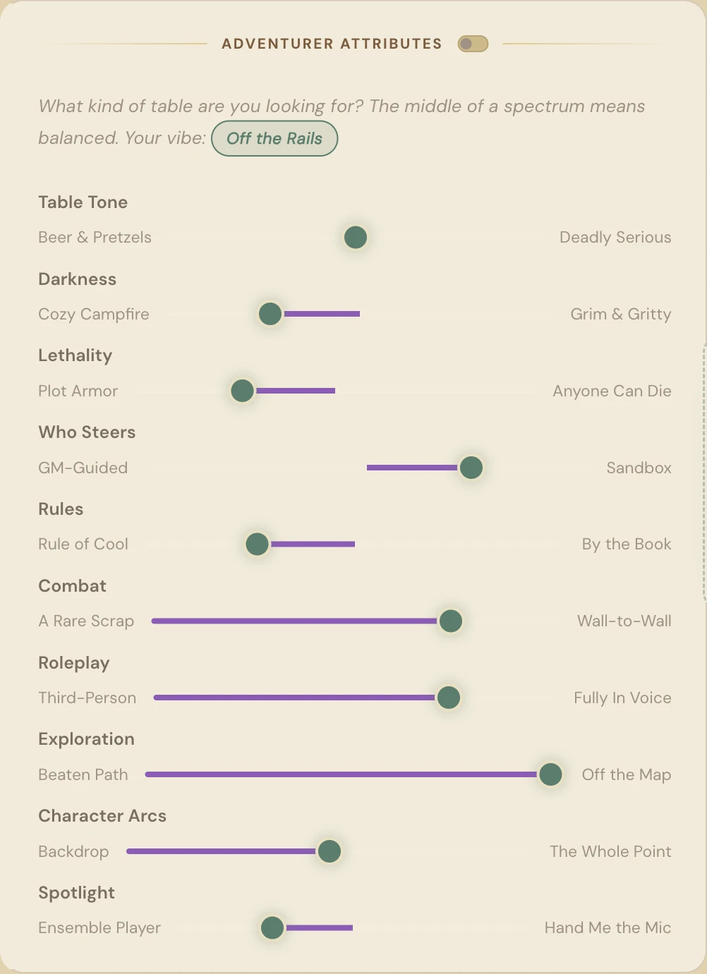 Role Call vibe sliders — setting preferences like table tone, darkness, lethality, combat, and roleplay to match with the right D&D group